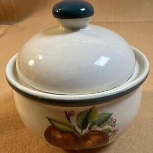 China Pearl Casuals sugar bowl w/lid featuring a red apples & blossoms pattern